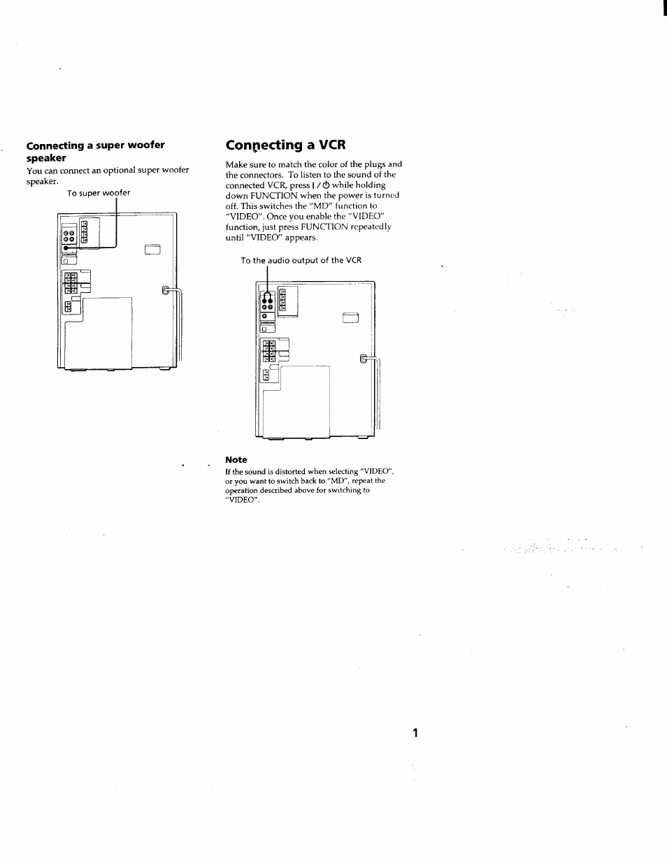 Connecting a super woofer speaker, Connecting a vcr | Sony MHC-F150 User Manual | Page 15 / 60