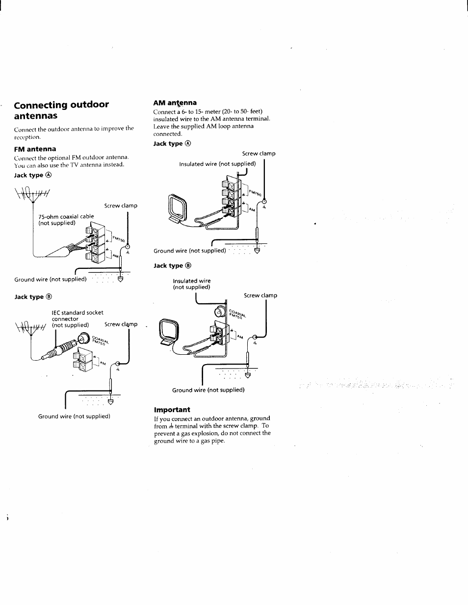 Fm antenna, Jack type, Am an^nna | Important, Connecting outdoor antennas | Sony MHC-F150 User Manual | Page 16 / 60