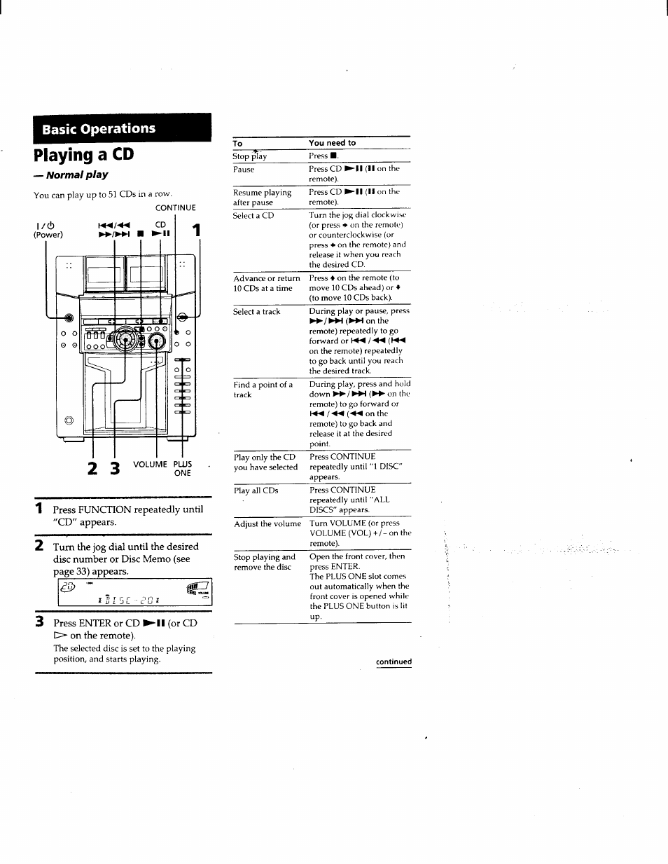 Playing a cd, Basic operations | Sony MHC-F150 User Manual | Page 17 / 60