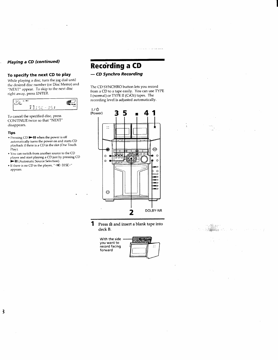 To specify the next cd to play, Tips, Recording a cd | Sony MHC-F150 User Manual | Page 18 / 60