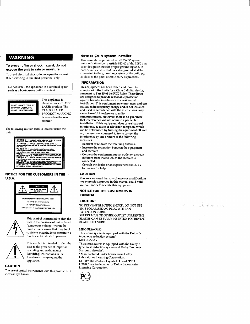 Notice for the customers in the u.s.a, Caution, Note to catv system installer | Information, Notice for the customers in canada, Warning, I f«w | Sony MHC-F150 User Manual | Page 2 / 60