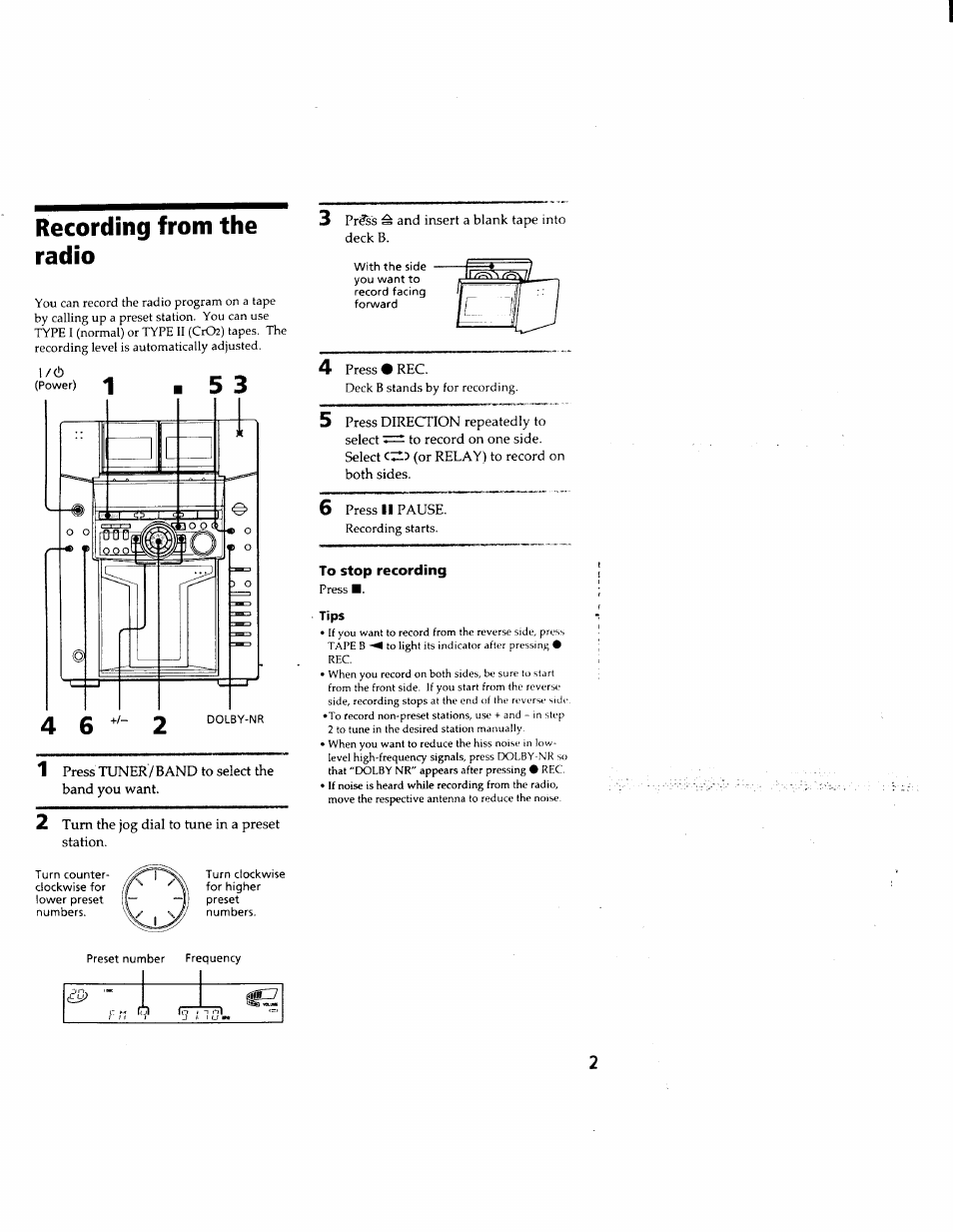 To stop recording, Tips, Recording from the radio | Sony MHC-F150 User Manual | Page 21 / 60