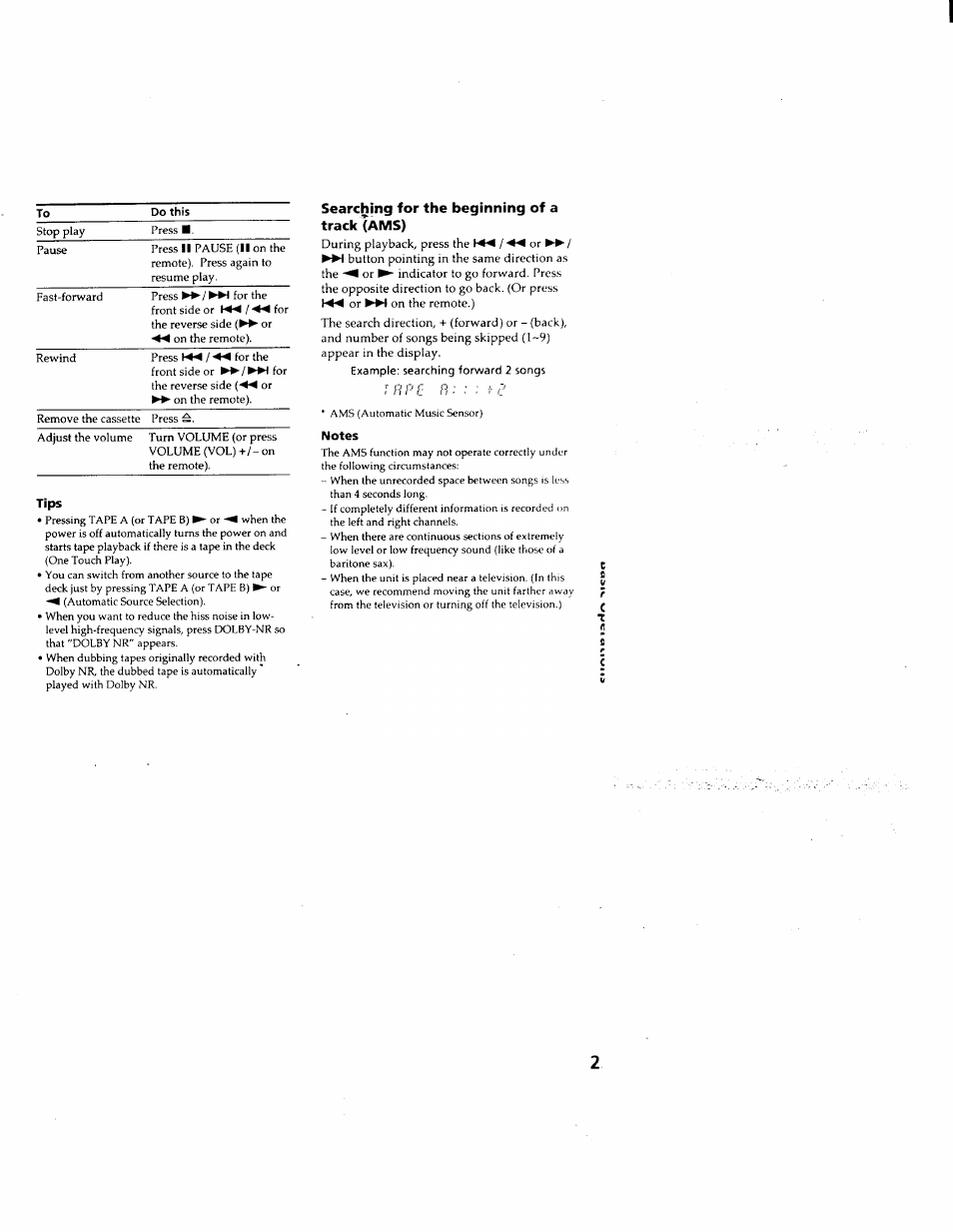 Tips, Searching for the beginning of a track (ams), Notes | Sony MHC-F150 User Manual | Page 23 / 60