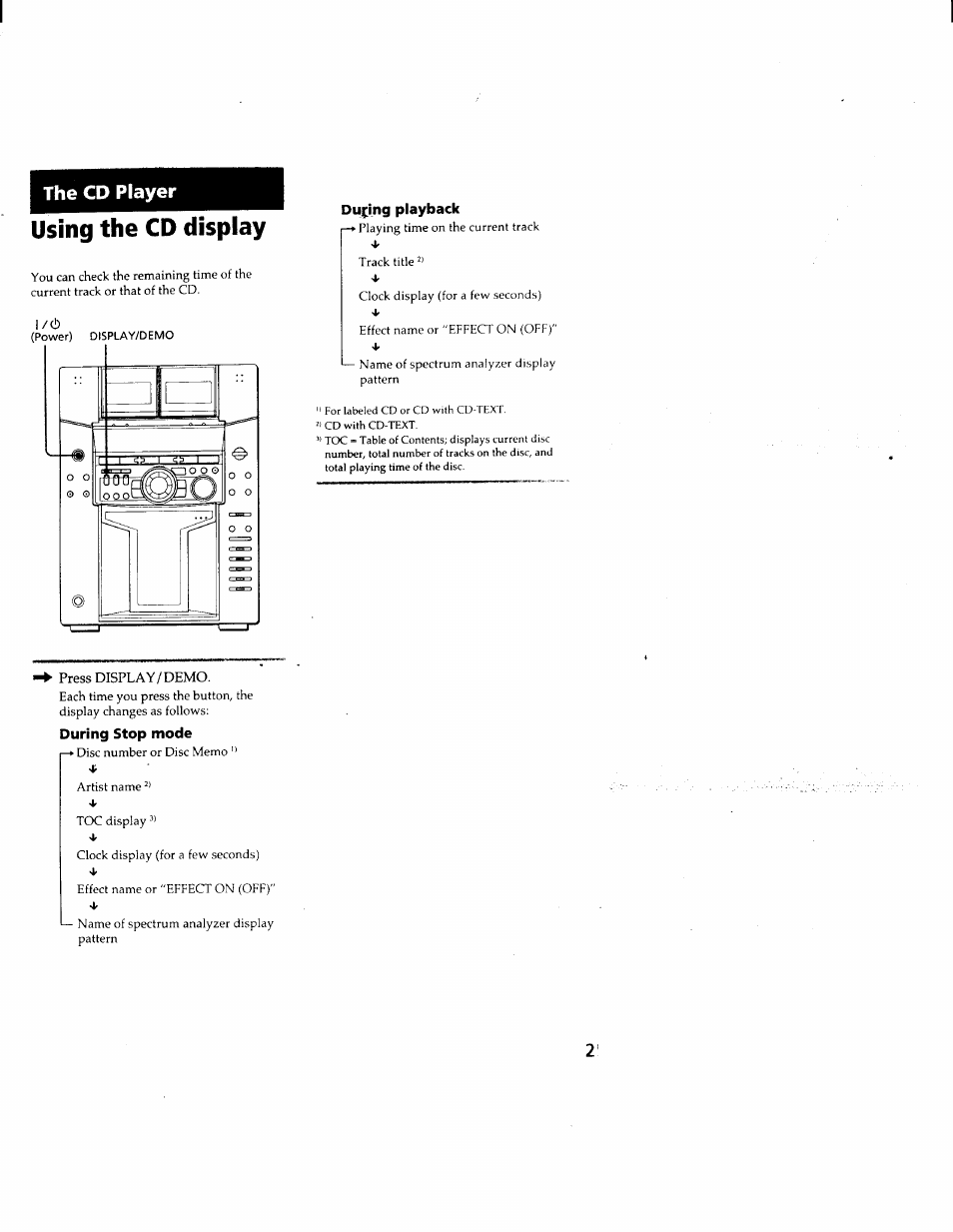 During playback, During stop mode, Using the cd display | The cd player | Sony MHC-F150 User Manual | Page 25 / 60