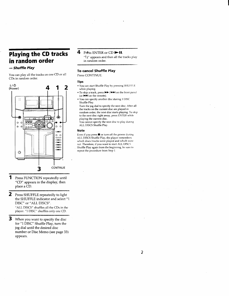 To cancel shuffle play, Tips, Note | Playing the cd tracks in random order | Sony MHC-F150 User Manual | Page 27 / 60