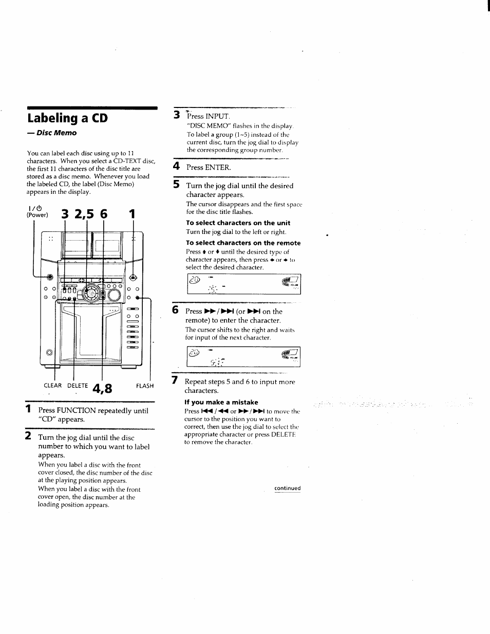 To select characters on the unit, To select characters on the remote, If you make a mistake | Labeling a cd | Sony MHC-F150 User Manual | Page 33 / 60