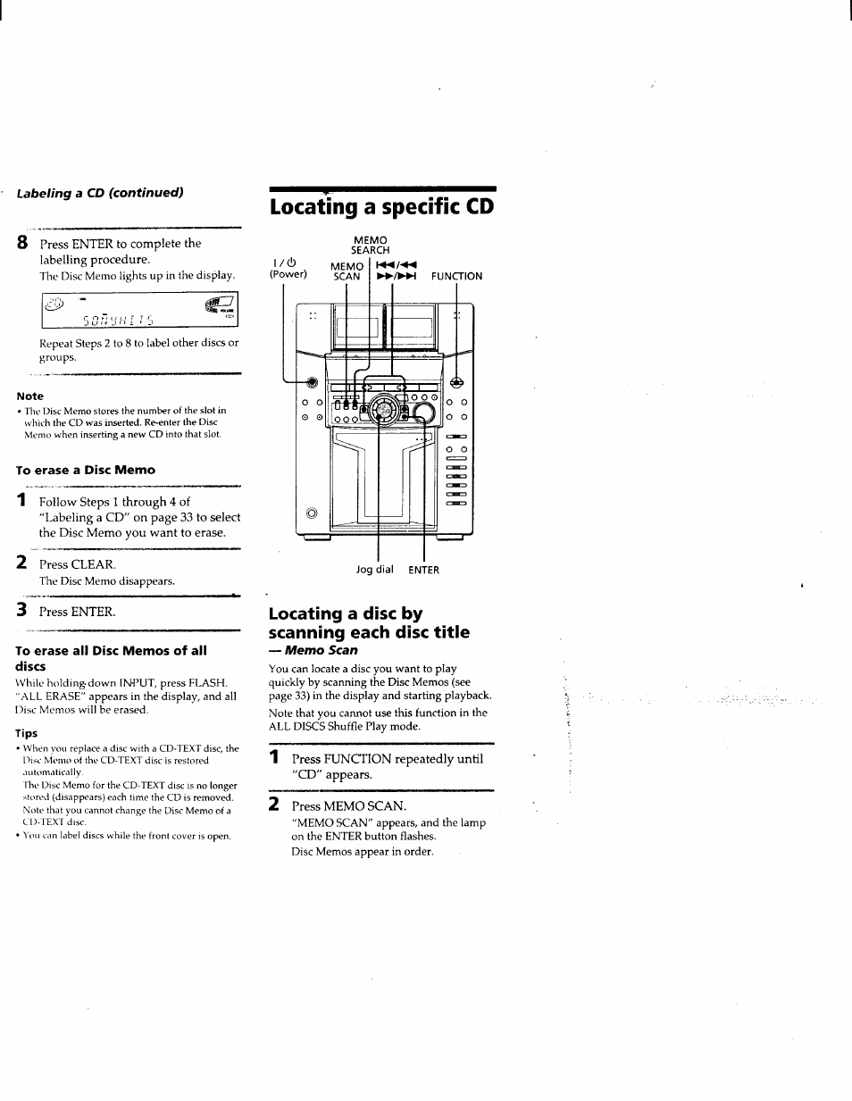 Note, To erase a disc memo, To erase all disc memos of all discs | Locating a specific cd, Locating a disc by scanning each disc title | Sony MHC-F150 User Manual | Page 34 / 60