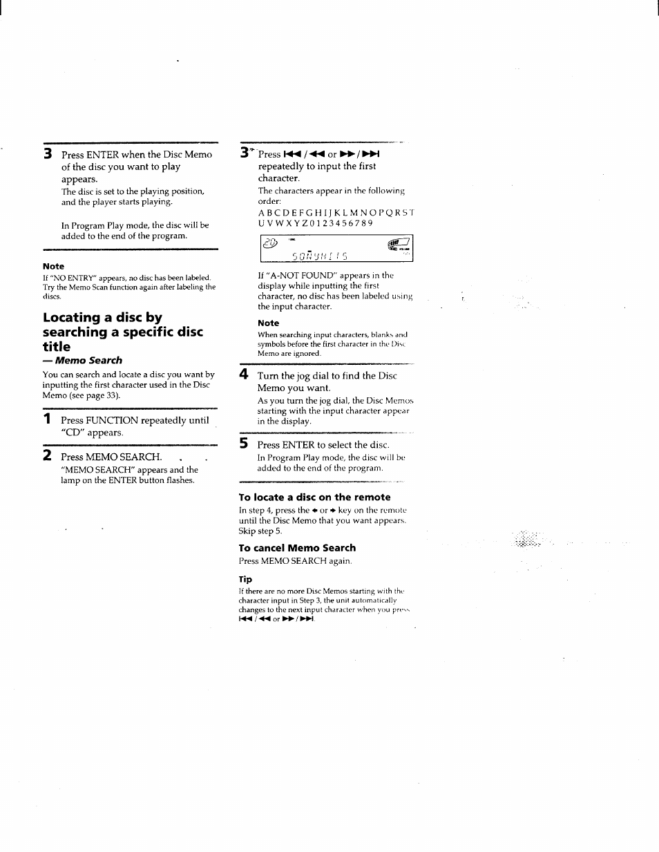 Note, To locate a disc on the remote, To cancel memo search | Locating a disc by searching a specific disc title | Sony MHC-F150 User Manual | Page 35 / 60