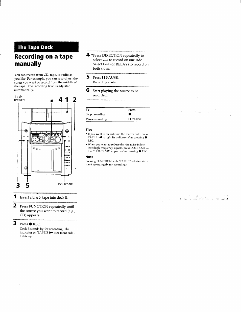 Note, Recording on a tape manually, The tape deck | Sony MHC-F150 User Manual | Page 37 / 60