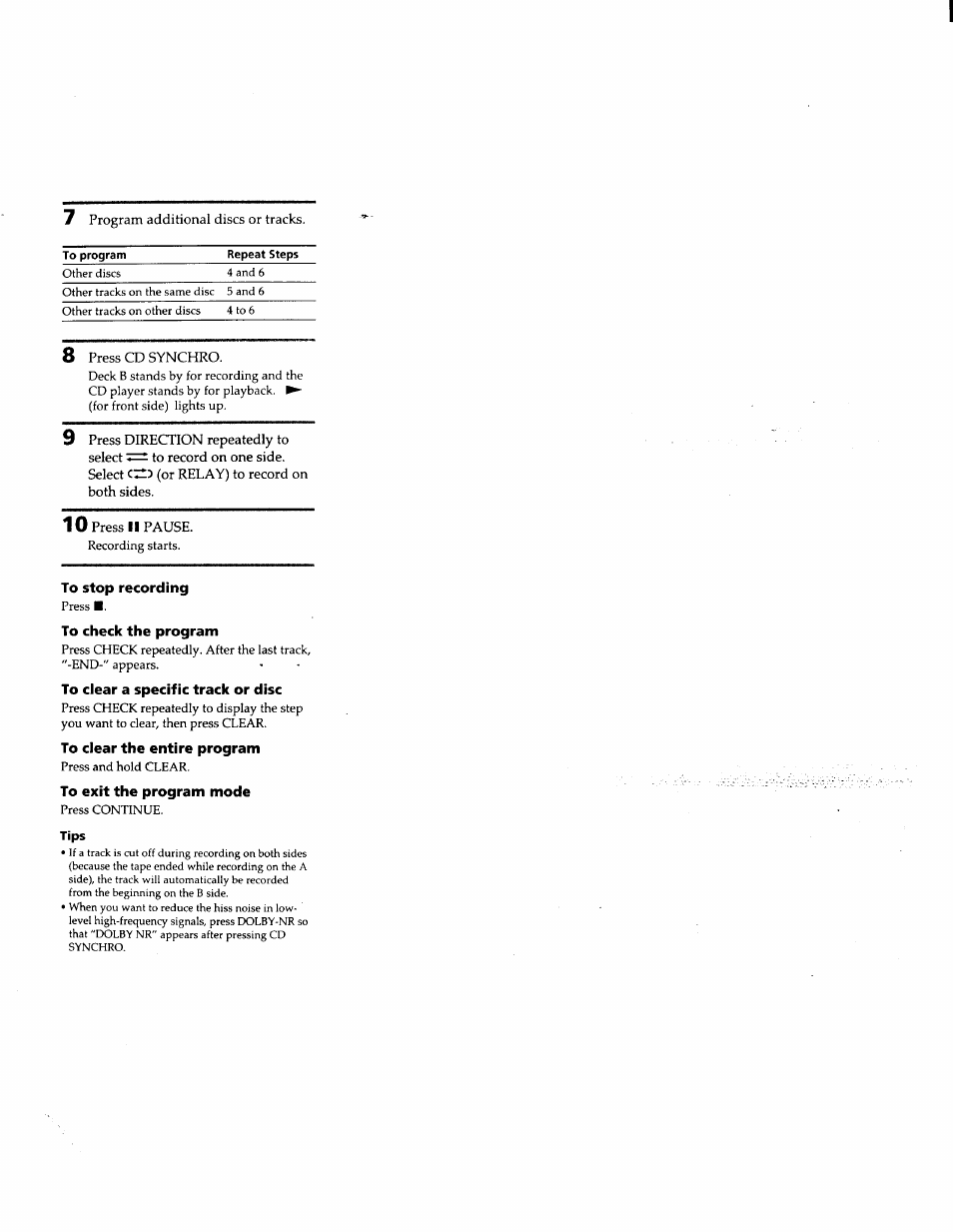 To stop recording, To check the program, To clear a specific track or disc | To clear the entire program, To exit the program mode, Tips | Sony MHC-F150 User Manual | Page 39 / 60