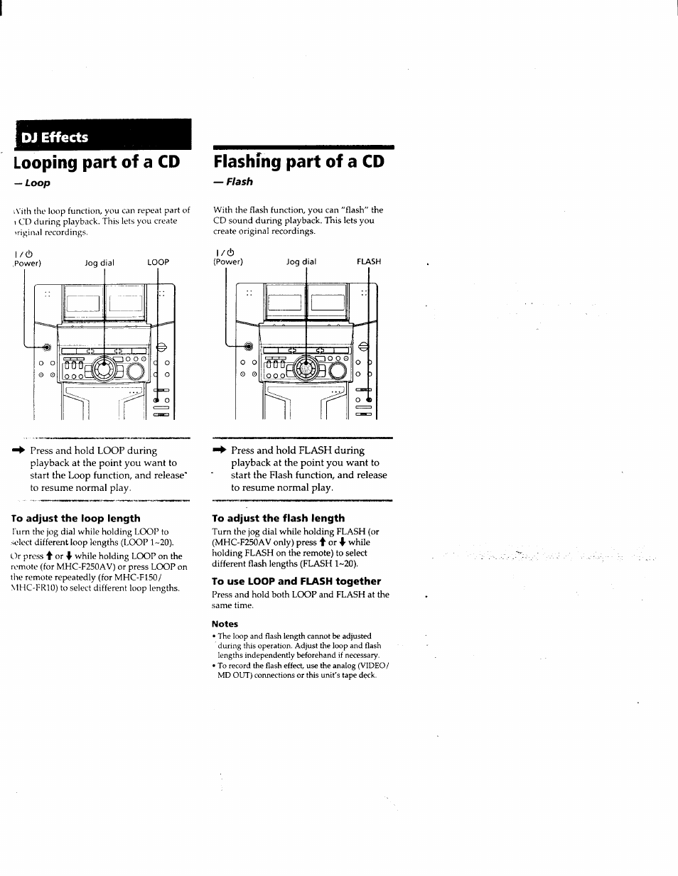 To adjust the loop length, To adjust the flash length, To use loop and flash together | Notes, Looping part of a cd, Flashing part of a cd, Dj effects | Sony MHC-F150 User Manual | Page 40 / 60