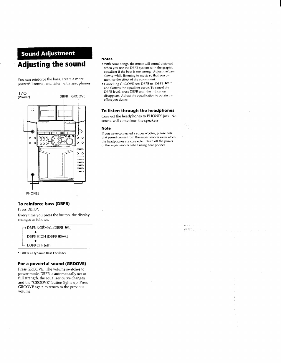 Notes, To listen through the headphones, Note | To reinforce bass (dbfb), For a powerful sound (groove), Adjusting the sound, Sound adjustment | Sony MHC-F150 User Manual | Page 41 / 60