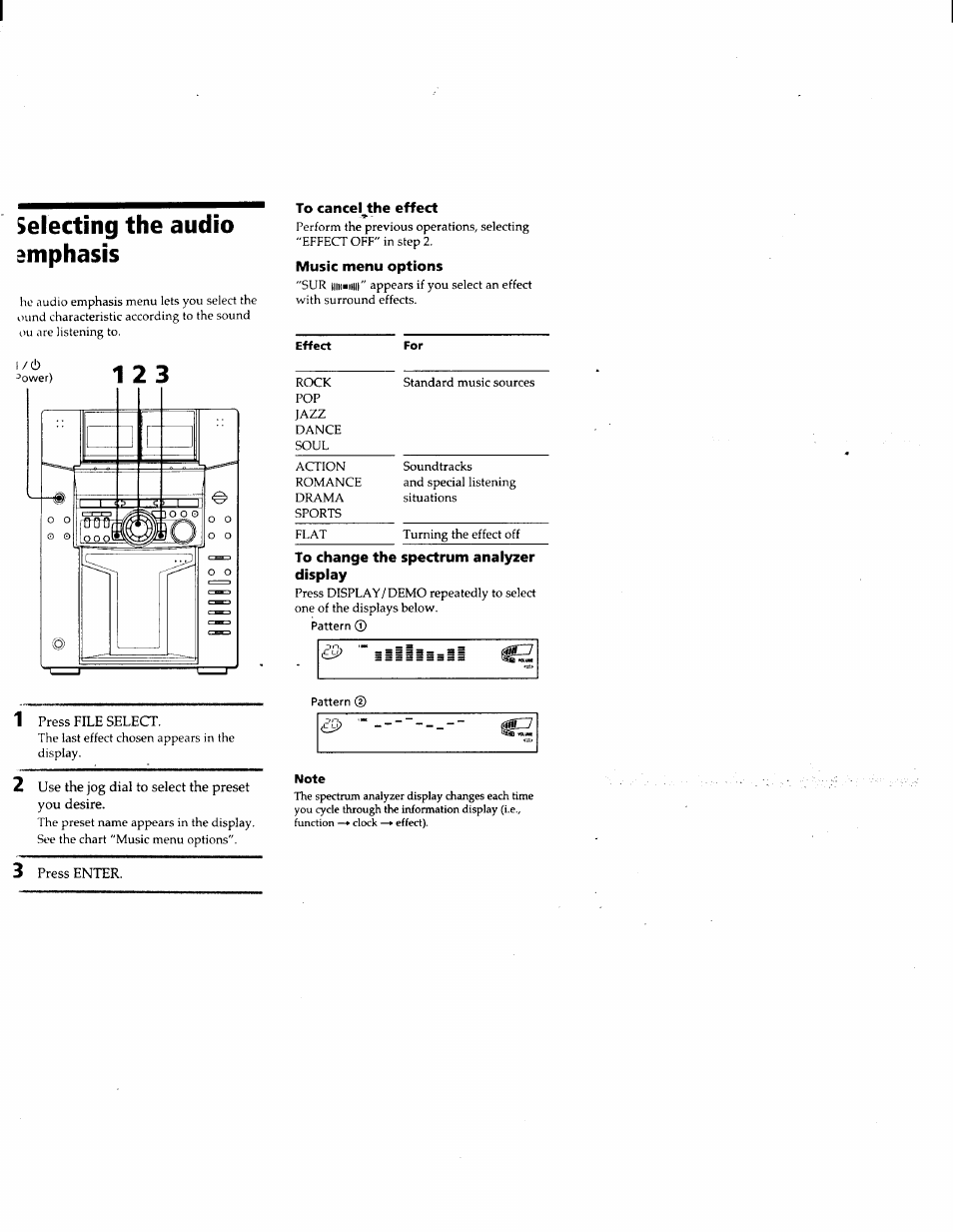 To cancel the effect, Music menu options, To change the spectrum analyzer display | Selecting the audio emphasis | Sony MHC-F150 User Manual | Page 42 / 60