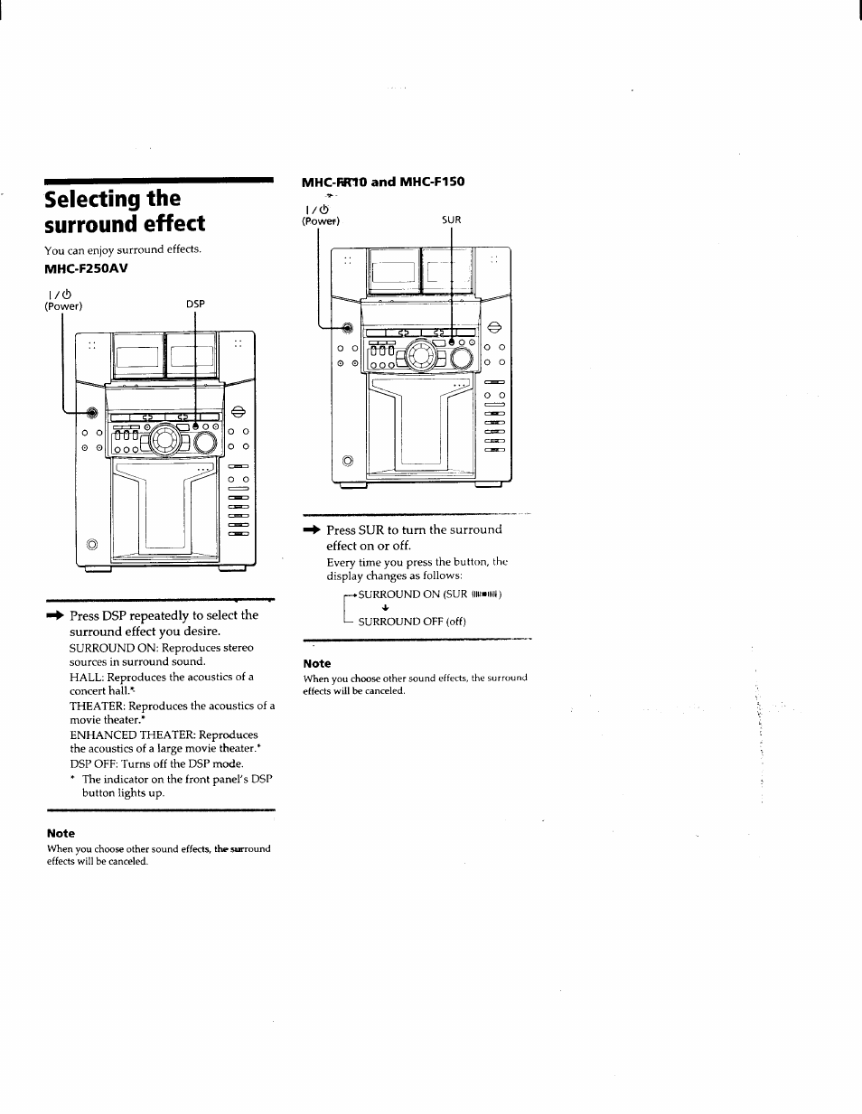 Note, Selecting the surround effect | Sony MHC-F150 User Manual | Page 43 / 60