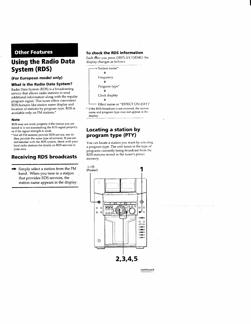 For european model only), What is the radio data system, Note | To check the rds information, Using the radio data system (rds), 2,3a5, Other features, Receiving rds broadcasts, Locating a station by program type (pty) | Sony MHC-F150 User Manual | Page 45 / 60