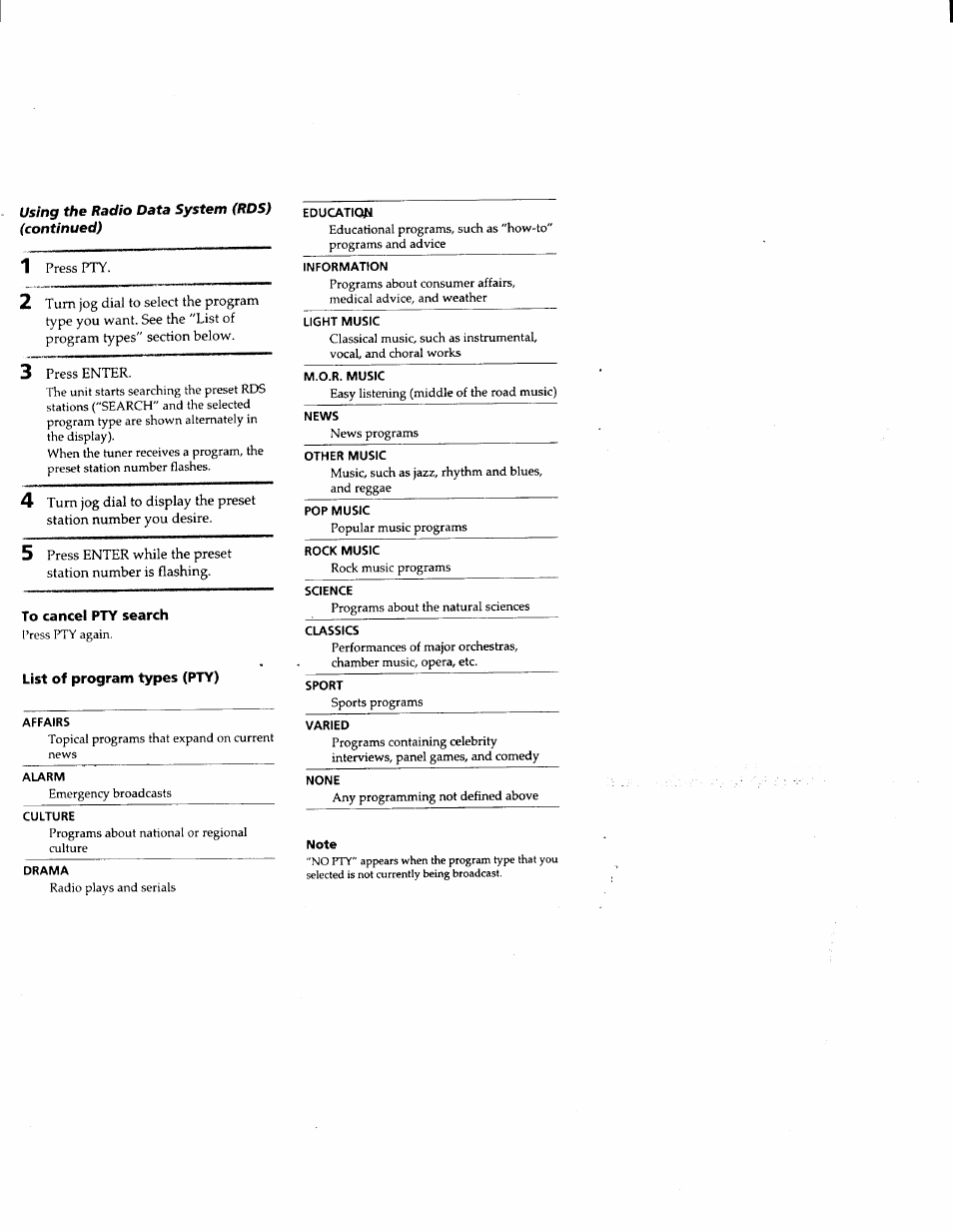 To cancel pty search, List of program types (pty), Affairs | Alarm, Drama, Education, Information, Light music, M.o.r. music, Pop music | Sony MHC-F150 User Manual | Page 46 / 60