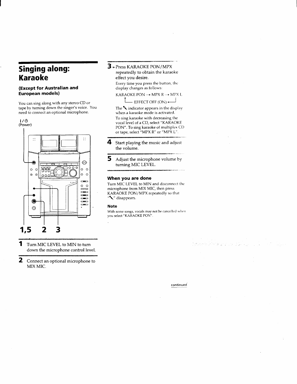 Except for australian and european models), When you are done, Singing along: karaoke | Sony MHC-F150 User Manual | Page 47 / 60