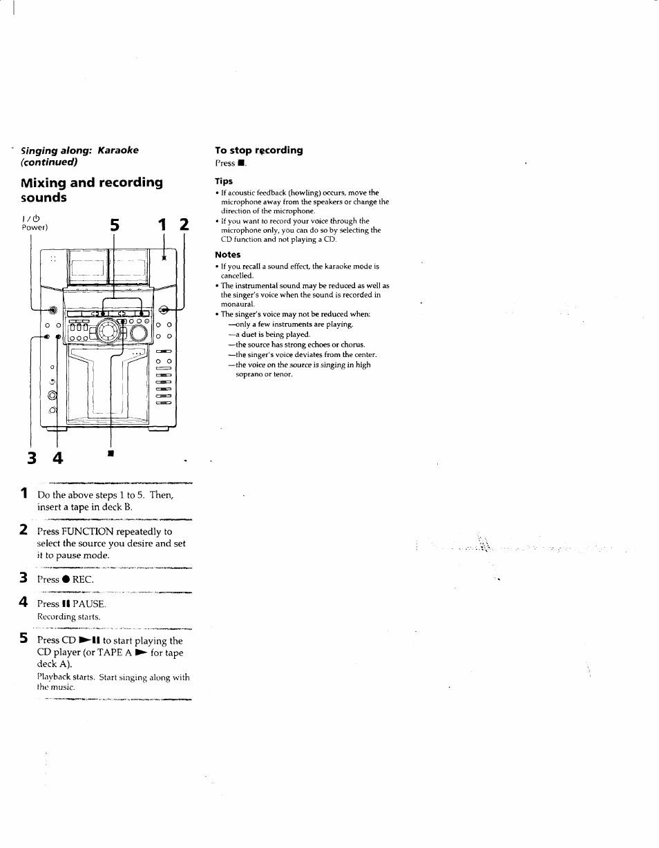 To stop recording, Press, Tips | Notes, Mixing and recording sounds | Sony MHC-F150 User Manual | Page 48 / 60