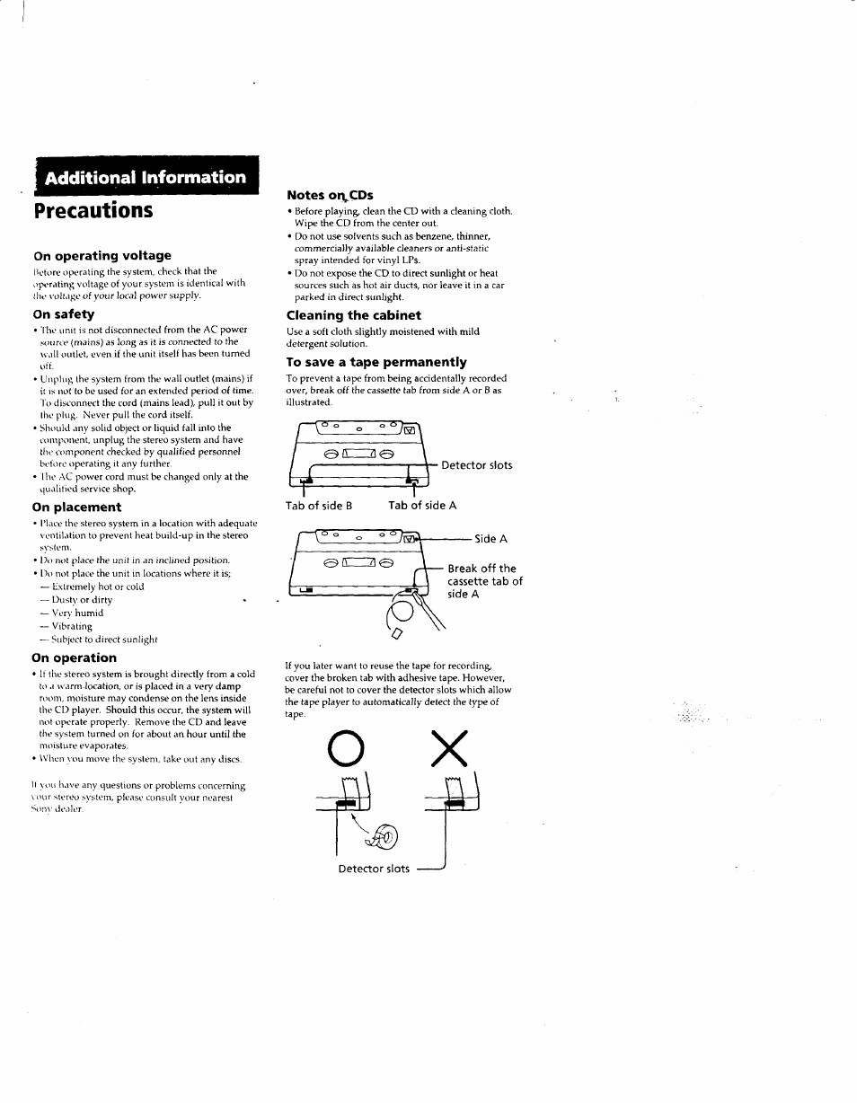 On operating voltage, On safety, On placement | On operation, Notes oivcds, Cleaning the cabinet, To save a tape permanently, Precautions, Additional information | Sony MHC-F150 User Manual | Page 52 / 60