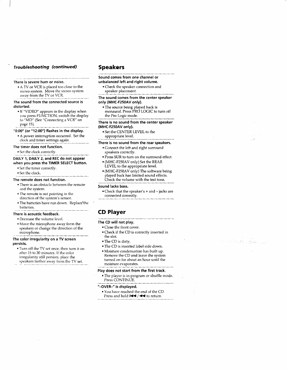 Speakers, Cd player | Sony MHC-F150 User Manual | Page 54 / 60