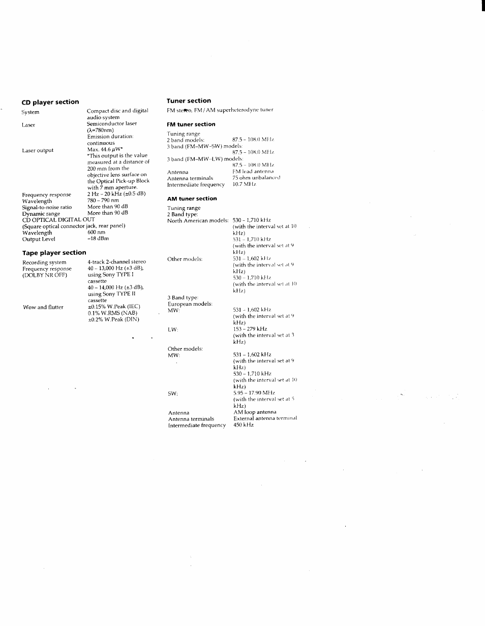 Cd player section, Tape player section, Tuner section | Sony MHC-F150 User Manual | Page 57 / 60