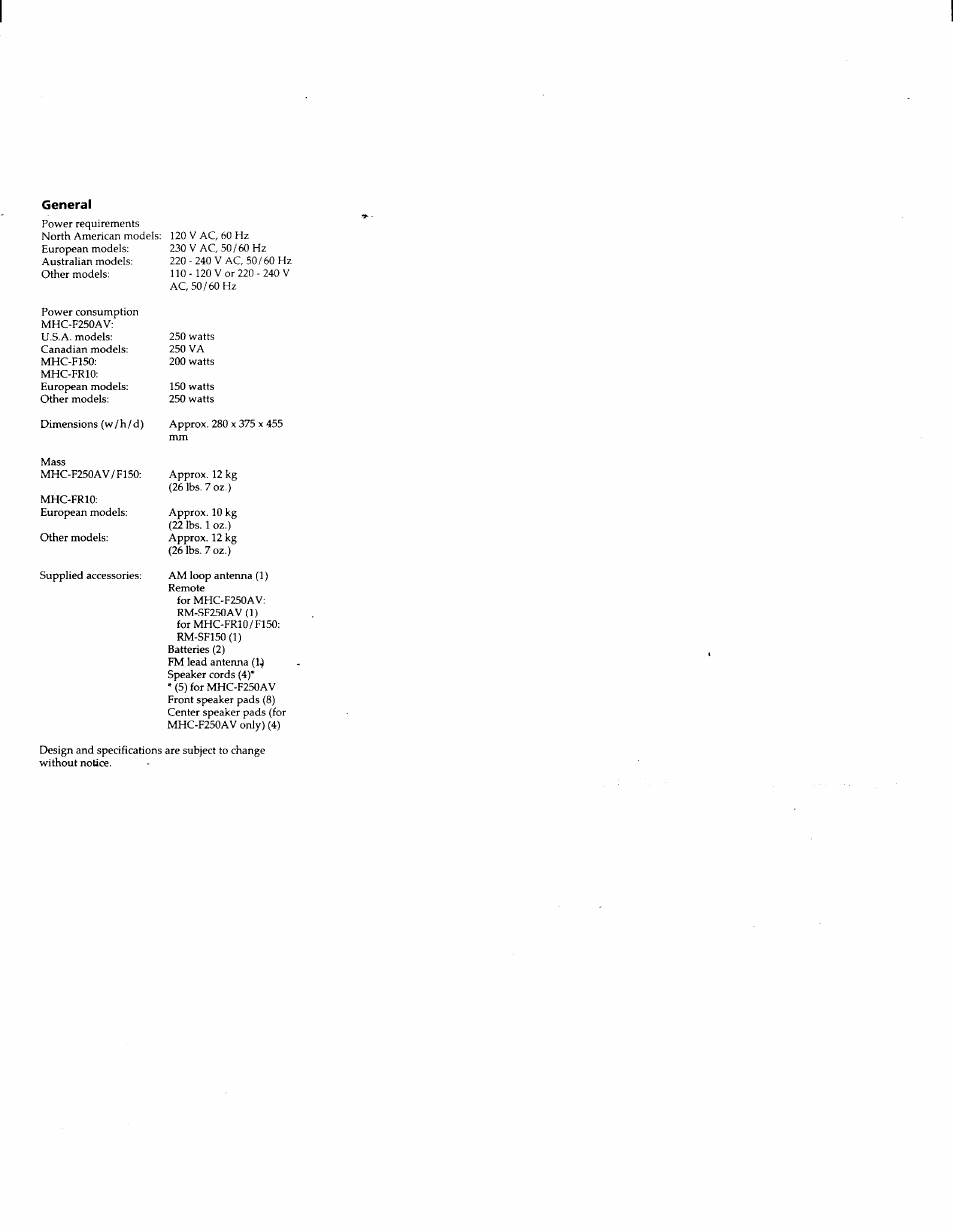 General | Sony MHC-F150 User Manual | Page 59 / 60