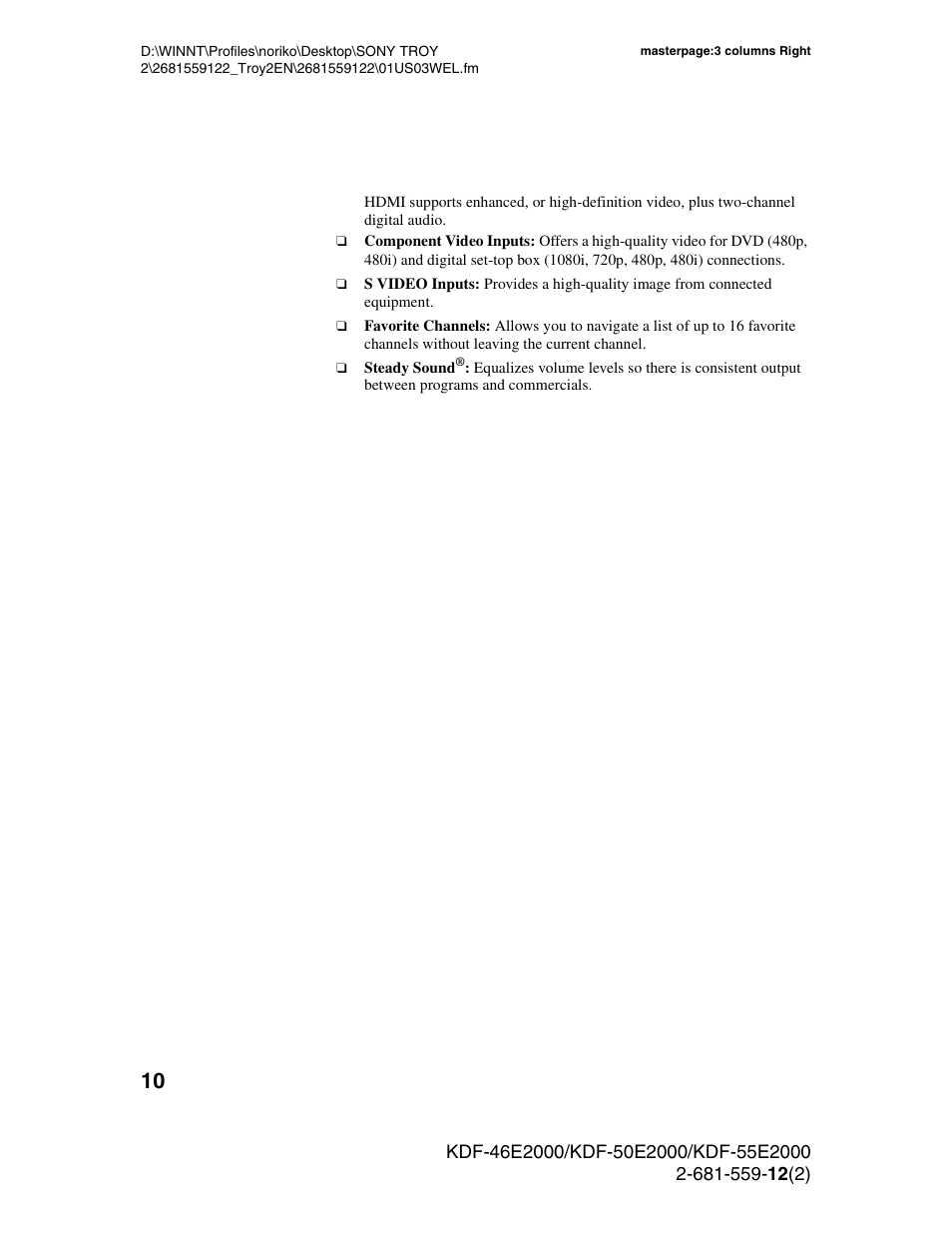 Sony KDF-50X30 User Manual | Page 10 / 90