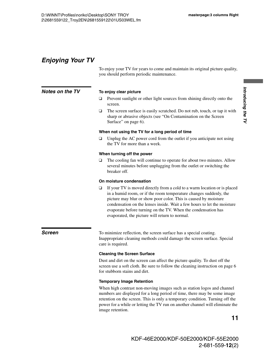 Enjoying your tv, Notes on the tv, Screen | Notes on the tv screen | Sony KDF-50X30 User Manual | Page 11 / 90