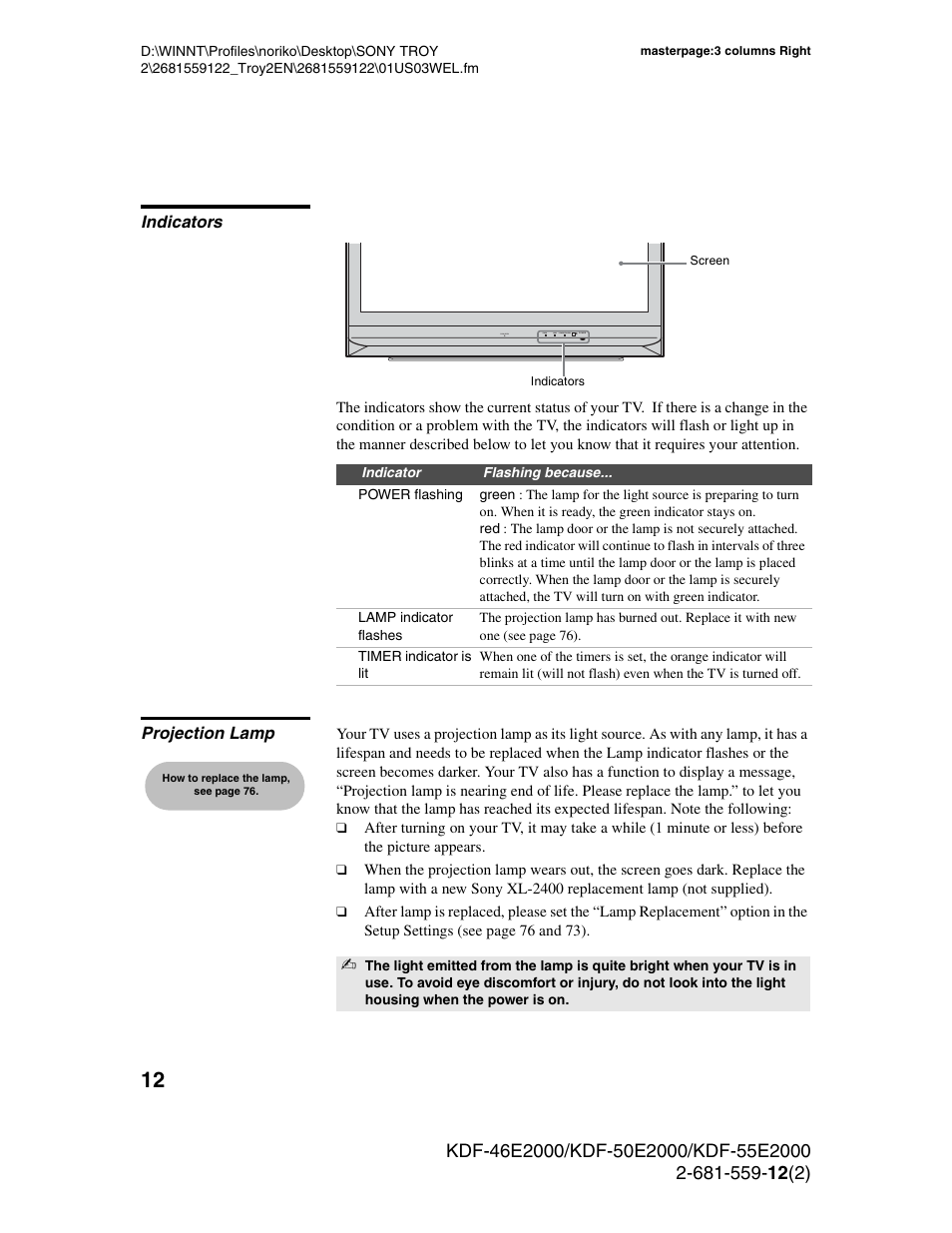 Indicators, Projection lamp, Indicators projection lamp | Sony KDF-50X30 User Manual | Page 12 / 90