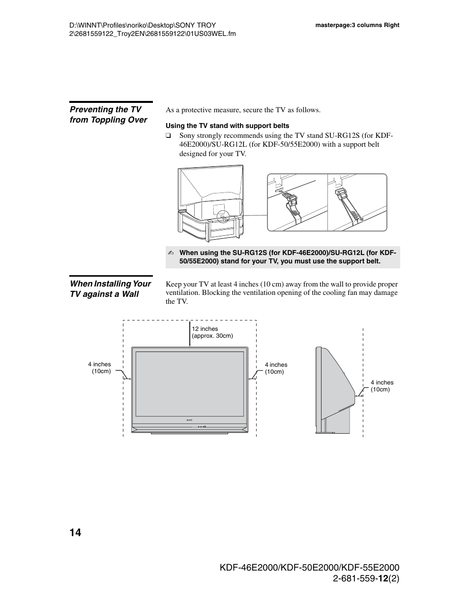 Preventing the tv from toppling over, When installing your tv against a wall | Sony KDF-50X30 User Manual | Page 14 / 90