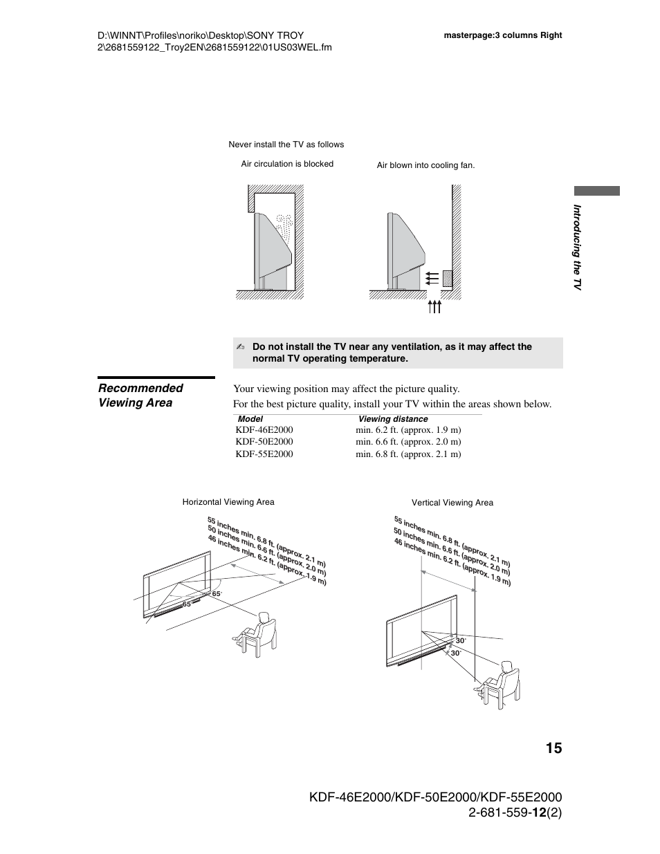 Recommended viewing area | Sony KDF-50X30 User Manual | Page 15 / 90