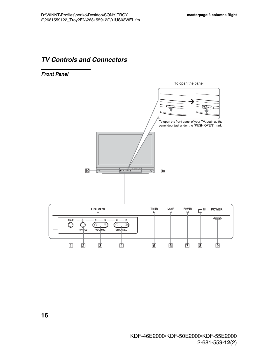 Tv controls and connectors, Front panel | Sony KDF-50X30 User Manual | Page 16 / 90