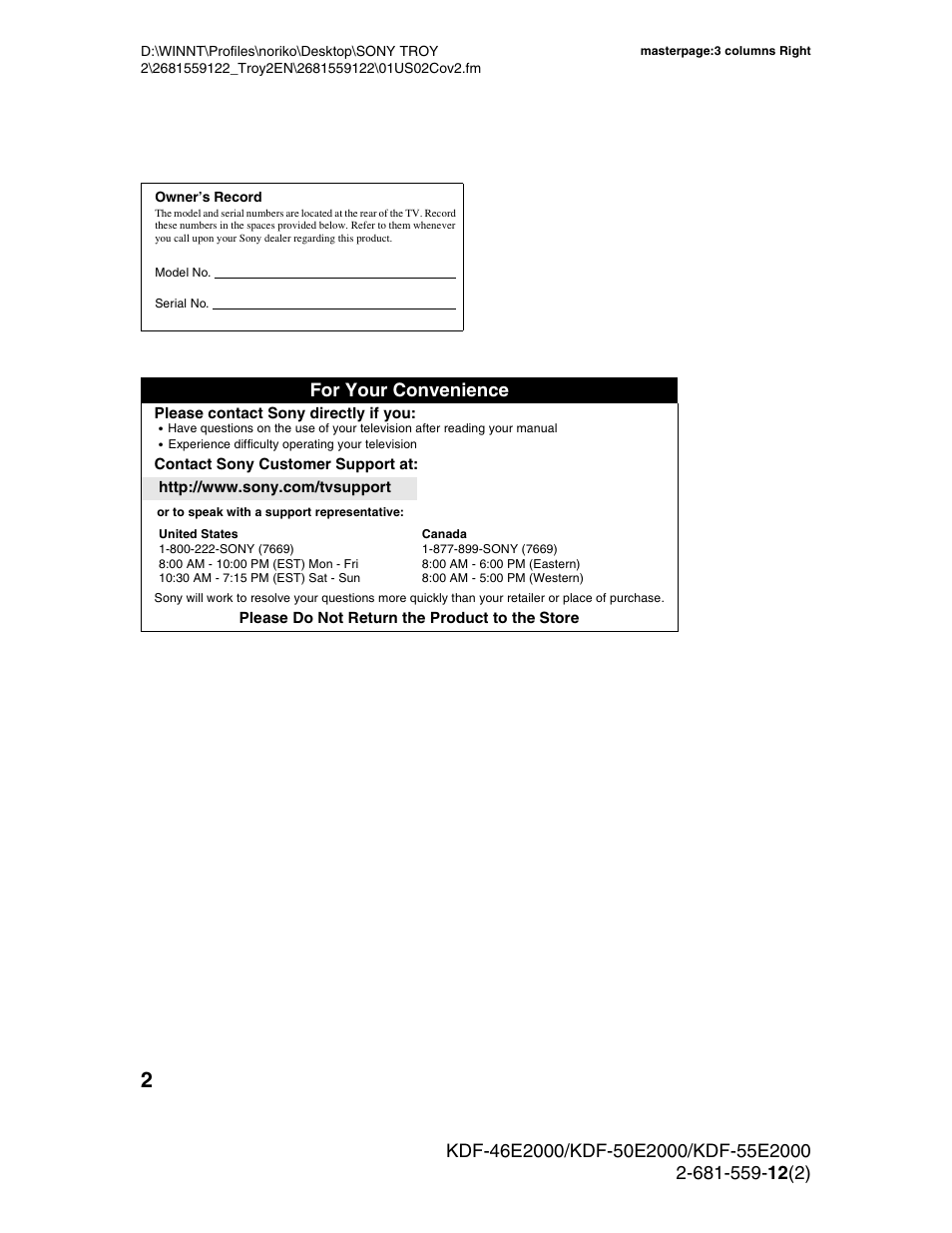 For your convenience | Sony KDF-50X30 User Manual | Page 2 / 90