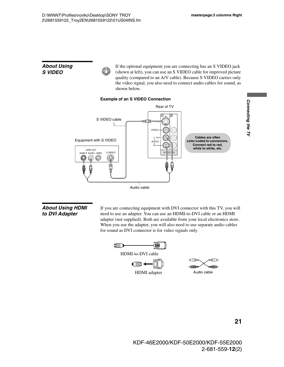 About using svideo, About using hdmi to dvi adapter, About using s video | Sony KDF-50X30 User Manual | Page 21 / 90