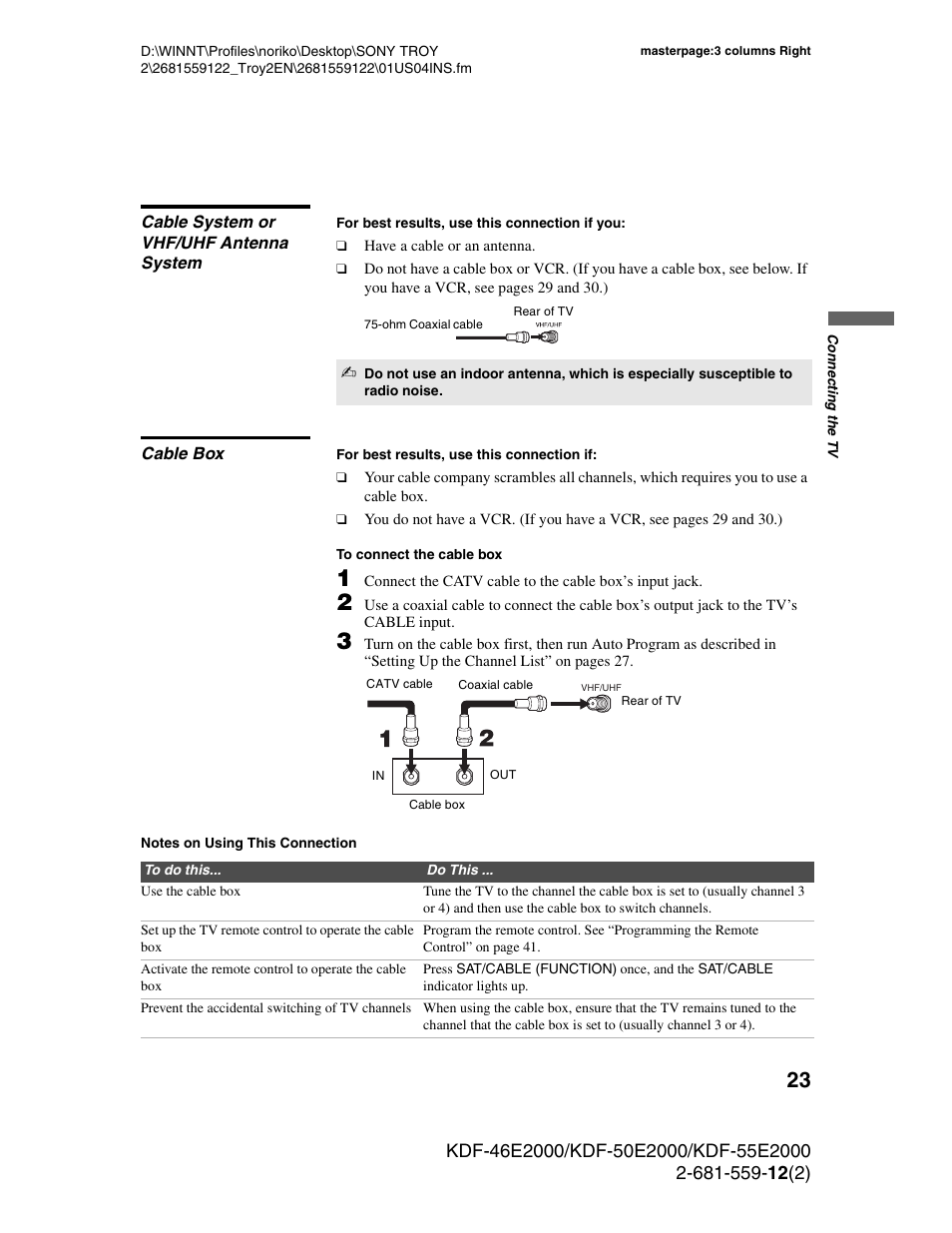 Cable system or vhf/uhf antenna system, Cable box, Cable system or vhf/uhf antenna system cable box | Sony KDF-50X30 User Manual | Page 23 / 90