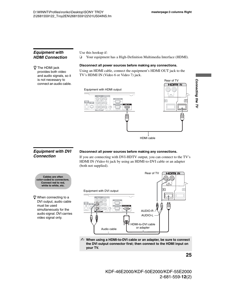 Equipment with hdmi connection, Equipment with dvi connection | Sony KDF-50X30 User Manual | Page 25 / 90