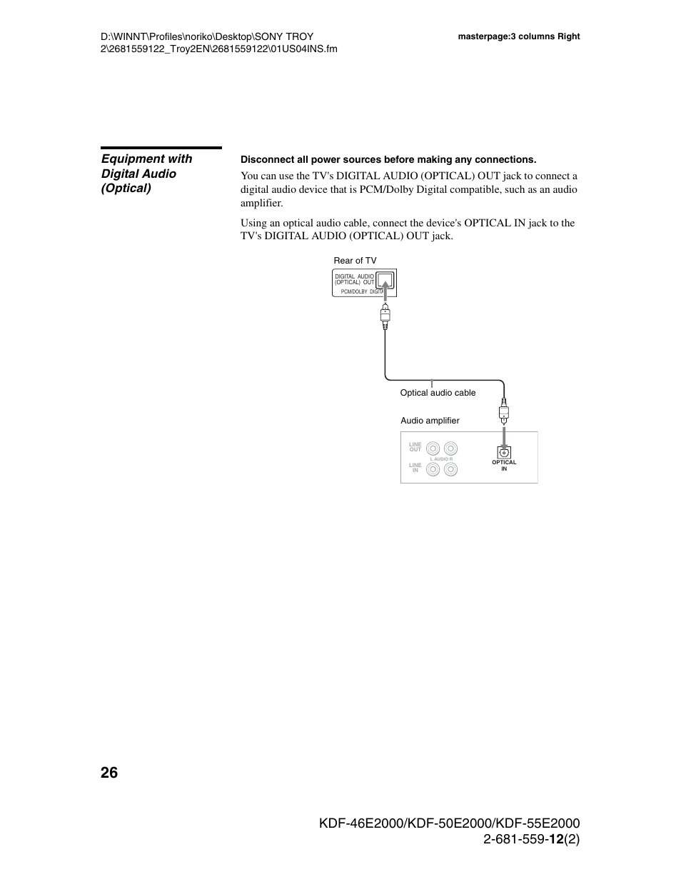 Equipment with digital audio (optical) | Sony KDF-50X30 User Manual | Page 26 / 90