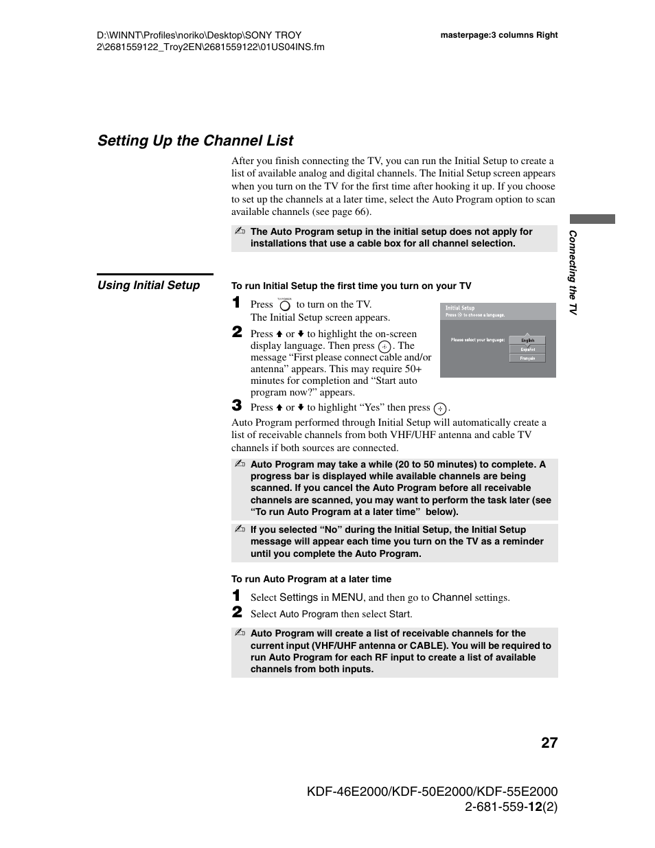 Setting up the channel list, Using initial setup | Sony KDF-50X30 User Manual | Page 27 / 90