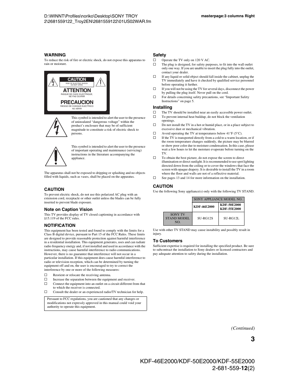 Attention, Precaucion, Continued) | Sony KDF-50X30 User Manual | Page 3 / 90