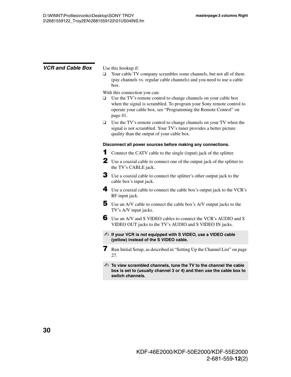 Vcr and cable box, D 30 | Sony KDF-50X30 User Manual | Page 30 / 90