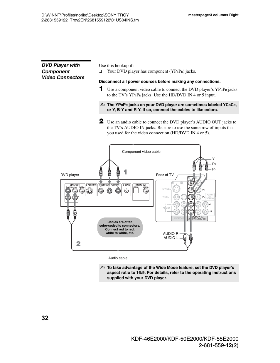 Dvd player with component video connectors, Use this hookup if, Your dvd player has component (yp | Jacks, Jacks to the tv’s yp, Jacks. use the hd/dvd in 4 or 5 input | Sony KDF-50X30 User Manual | Page 32 / 90