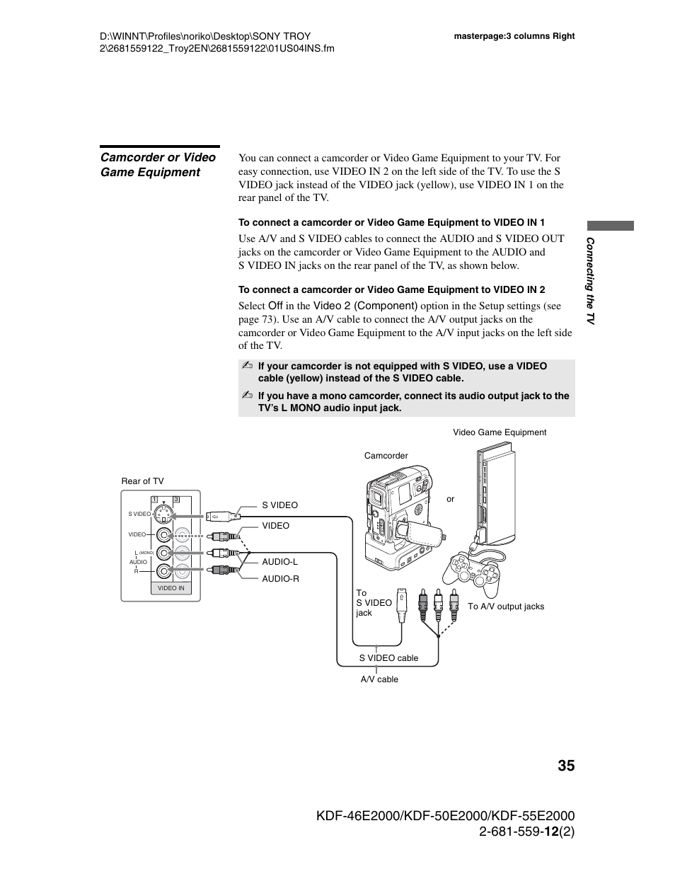 Camcorder or video game equipment | Sony KDF-50X30 User Manual | Page 35 / 90