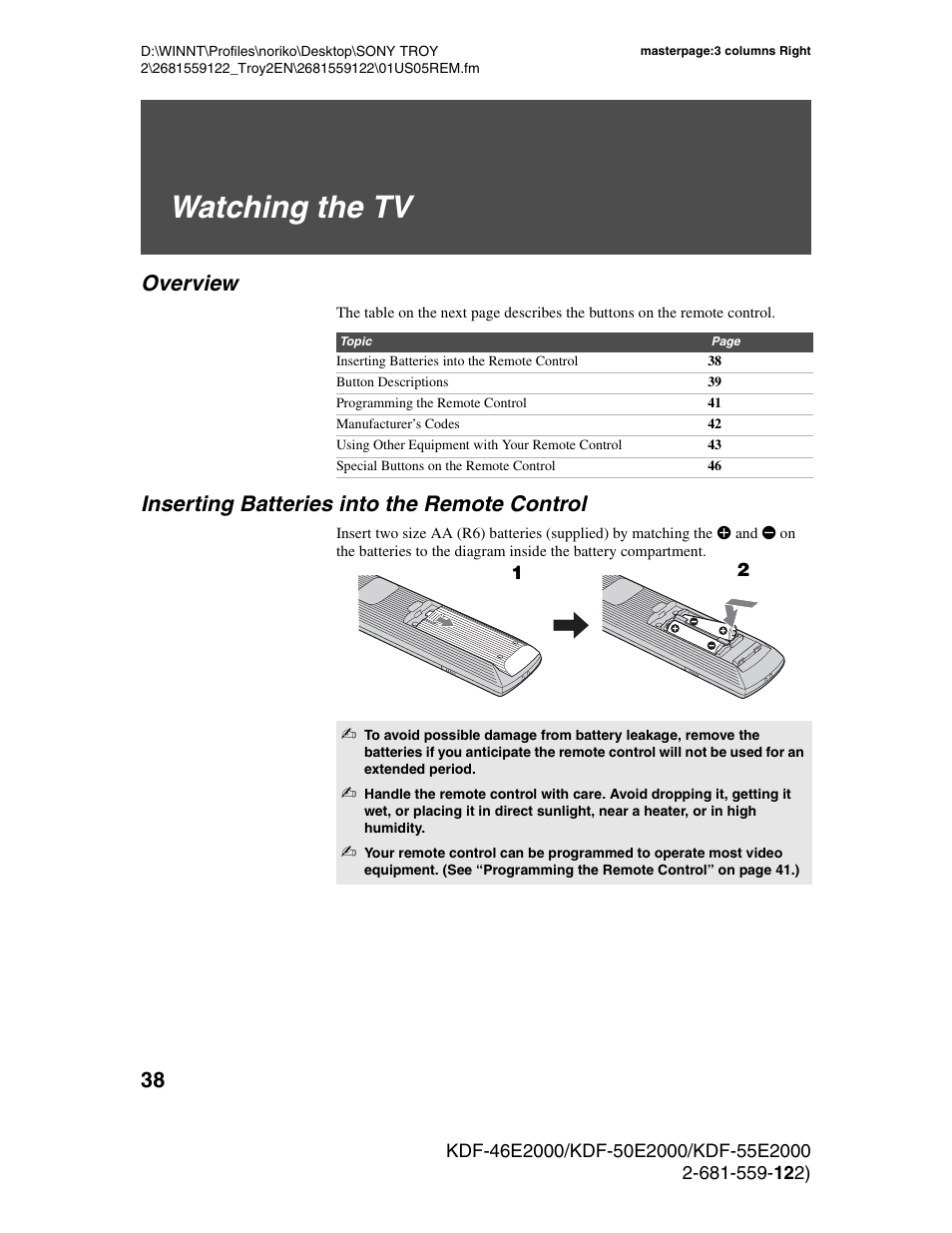 Watching the tv, Overview, Inserting batteries into the remote control | Sony KDF-50X30 User Manual | Page 38 / 90