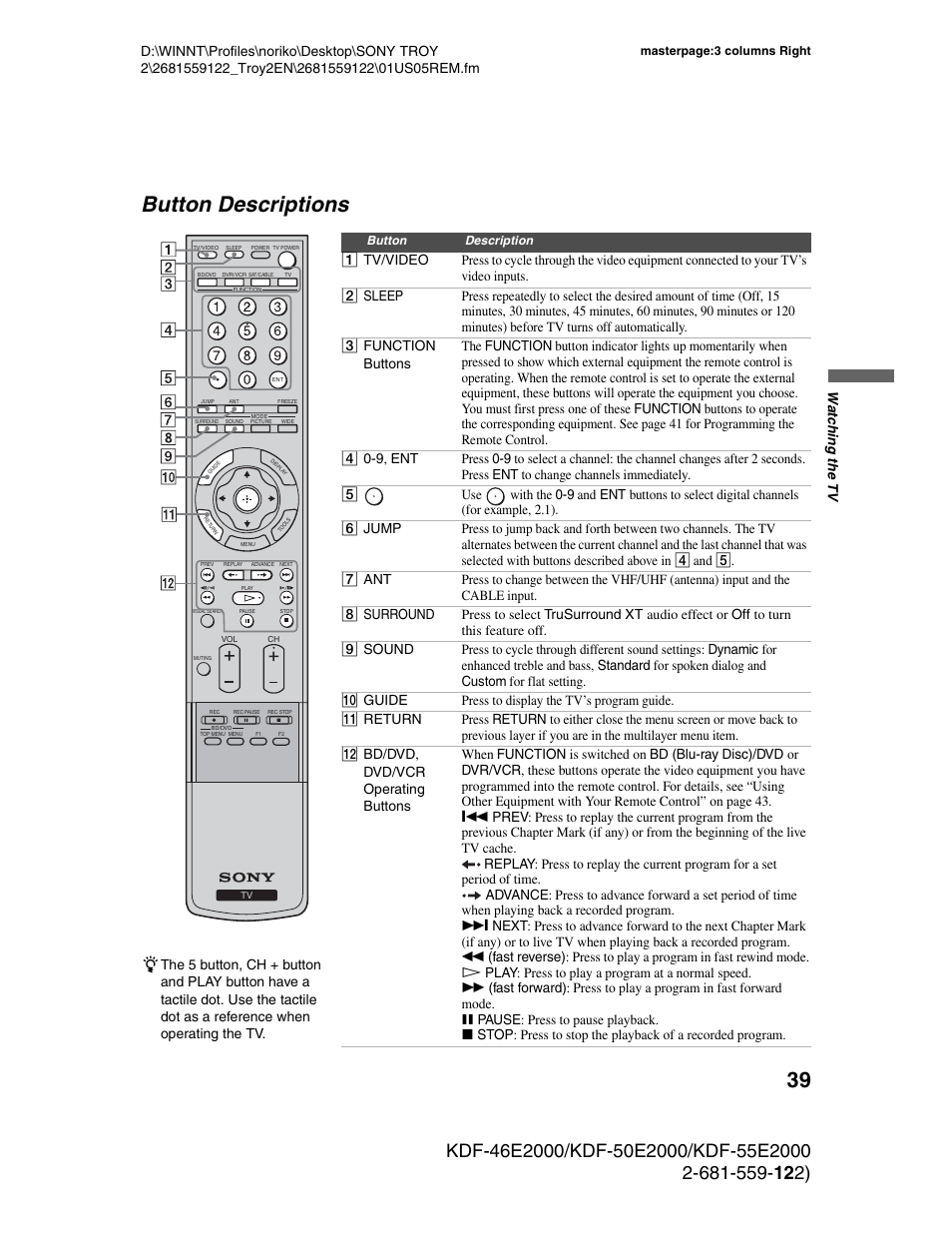Button descriptions | Sony KDF-50X30 User Manual | Page 39 / 90