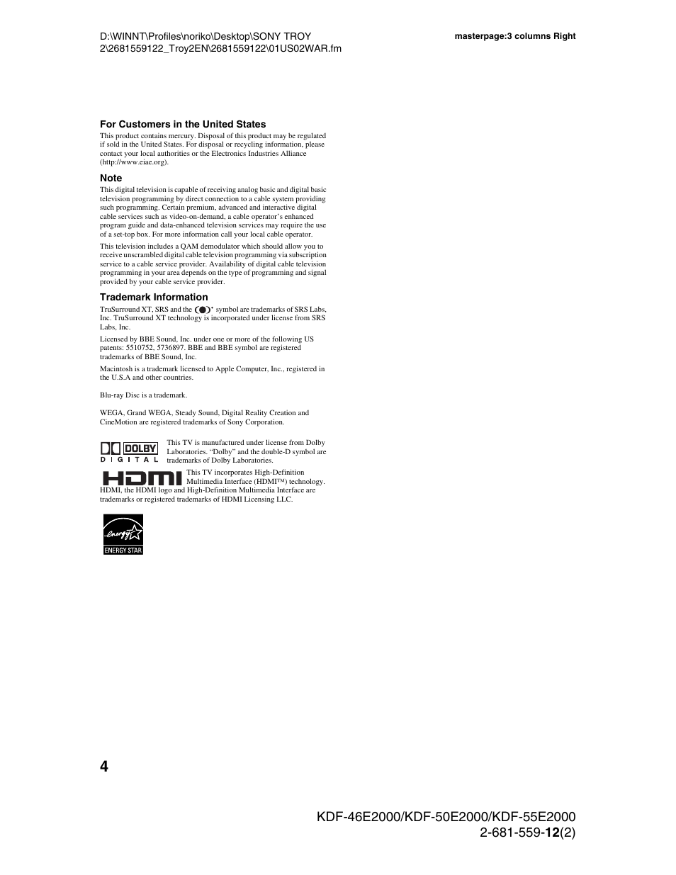Sony KDF-50X30 User Manual | Page 4 / 90