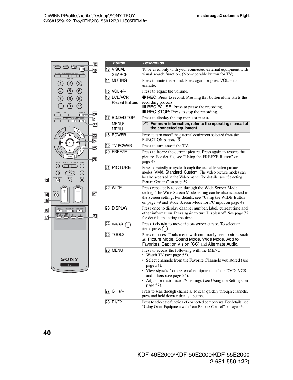 Sony KDF-50X30 User Manual | Page 40 / 90