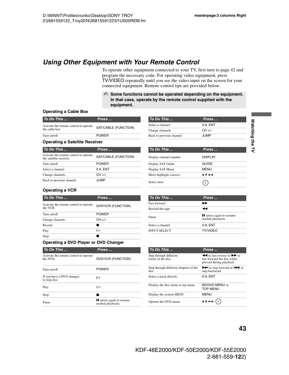 Using other equipment with your remote control, Using other equipment with your remote, Control | Sony KDF-50X30 User Manual | Page 43 / 90