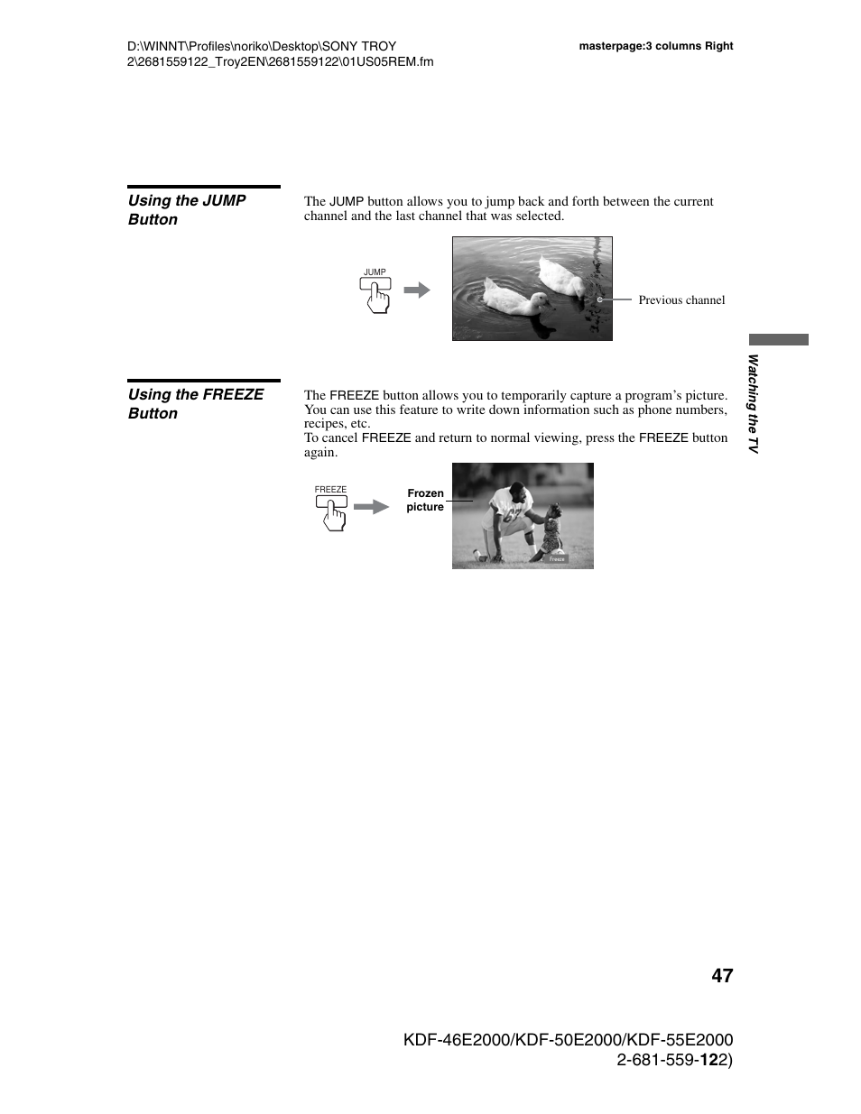 Using the jump button, Using the freeze button, Using the jump button using the freeze button | Sony KDF-50X30 User Manual | Page 47 / 90