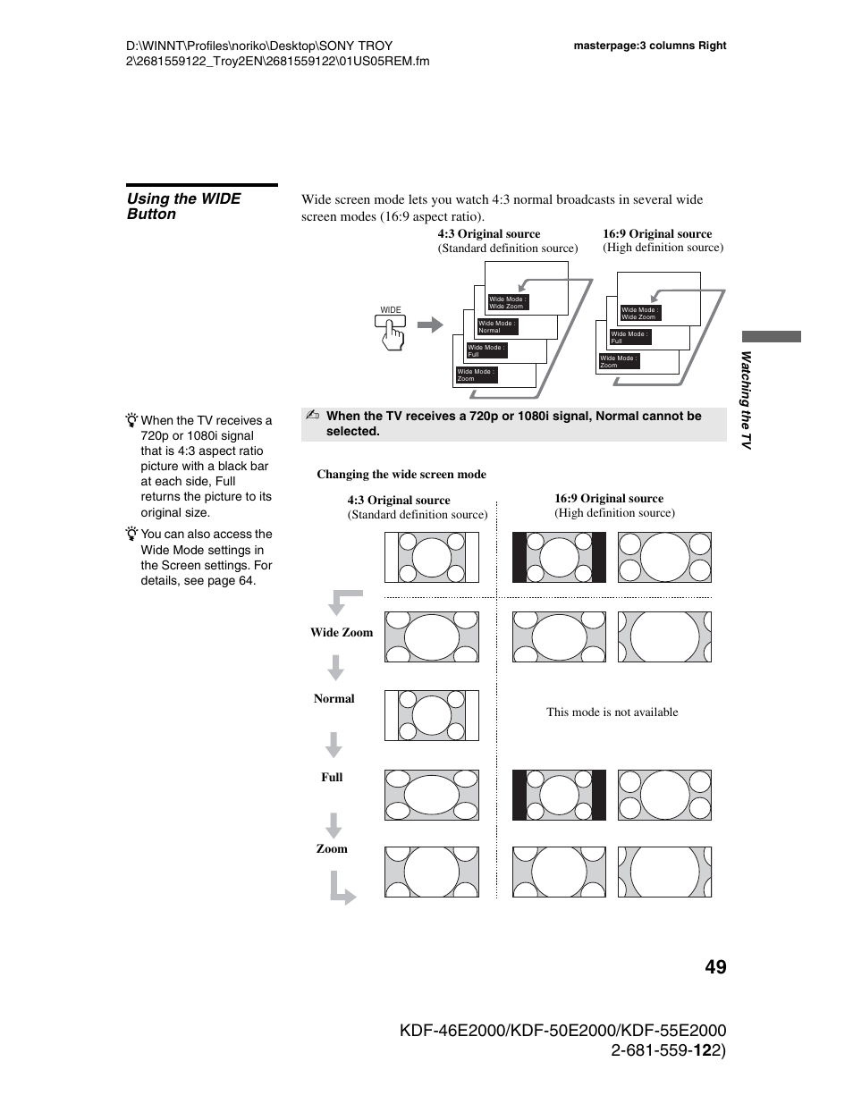 Using the wide button | Sony KDF-50X30 User Manual | Page 49 / 90