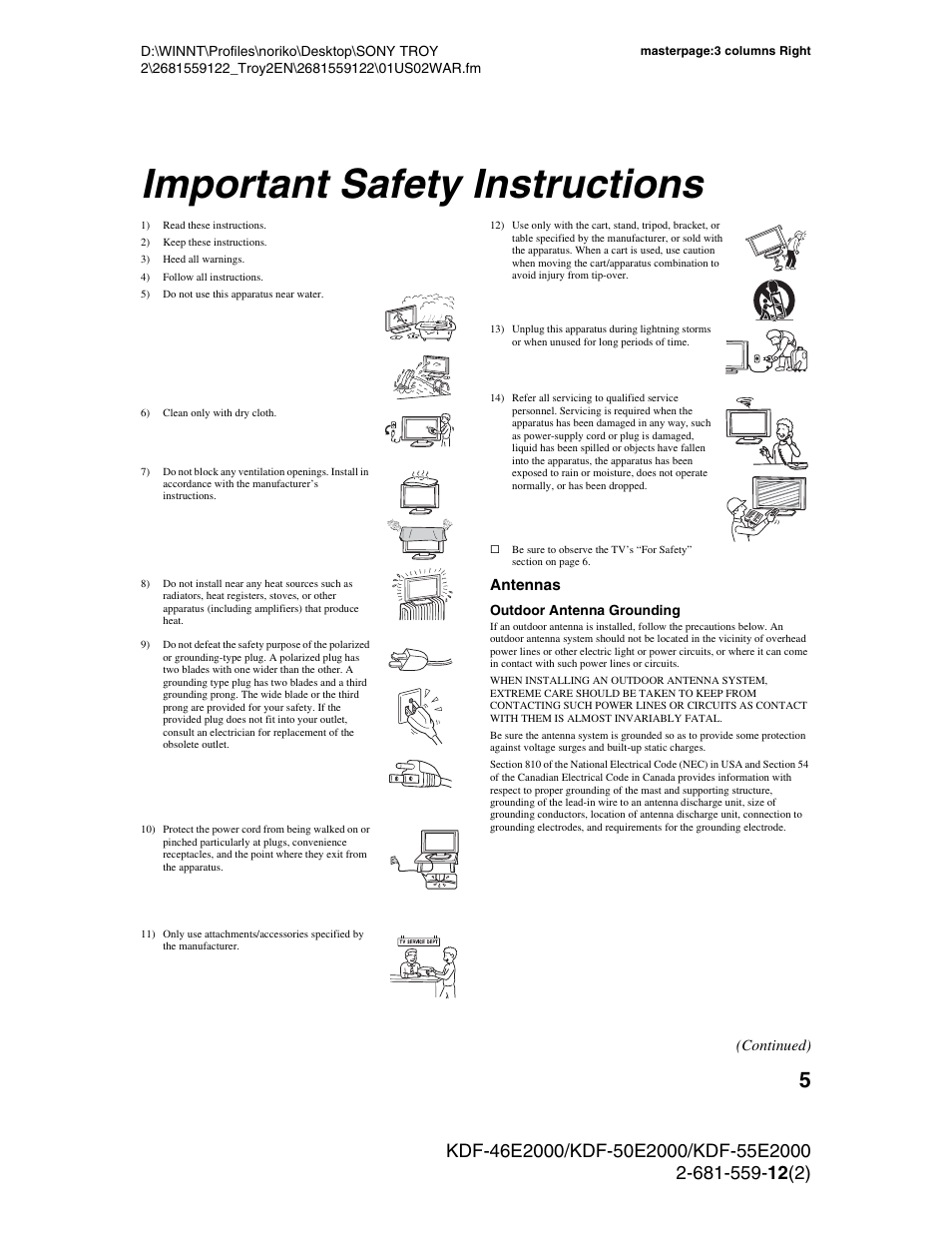 Important safety instructions | Sony KDF-50X30 User Manual | Page 5 / 90